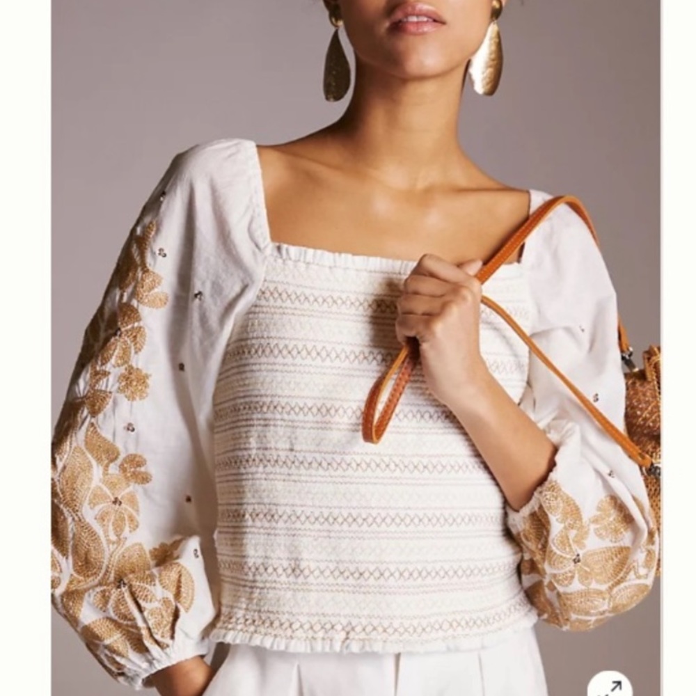 Anthropologie Neutral Smocked Embroidered Ballon Sleeve Blouse Top